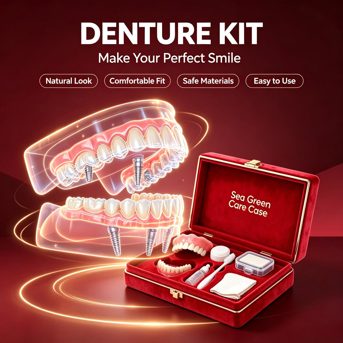 Premium Full Mouth Silicone Dentures for Adults Soft Reline False Teeth Set with Storage Box Toothbrush Removal Hook