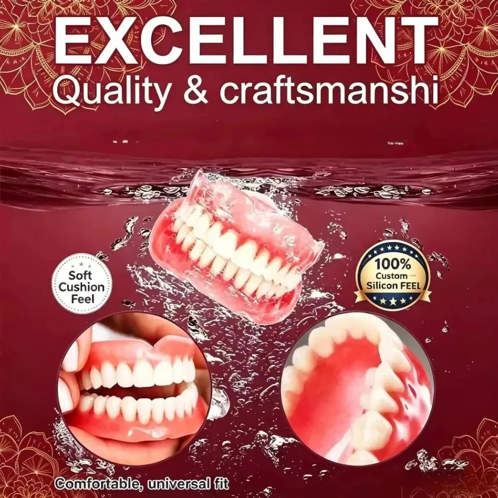 Premium Full Mouth Silicone Dentures for Adults Soft Reline False Teeth Set with Storage Box Toothbrush Removal Hook